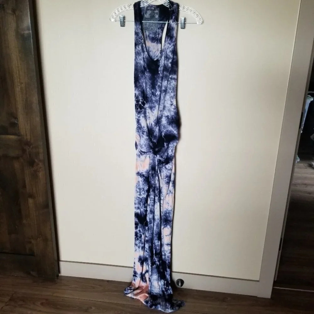 Yfb Navy Tie Dye Drape Ruched Hamptons Modal Maxi Dress S